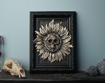 Skull Flower Wall Art: Gilded Gothic Sculpture in Black Frame