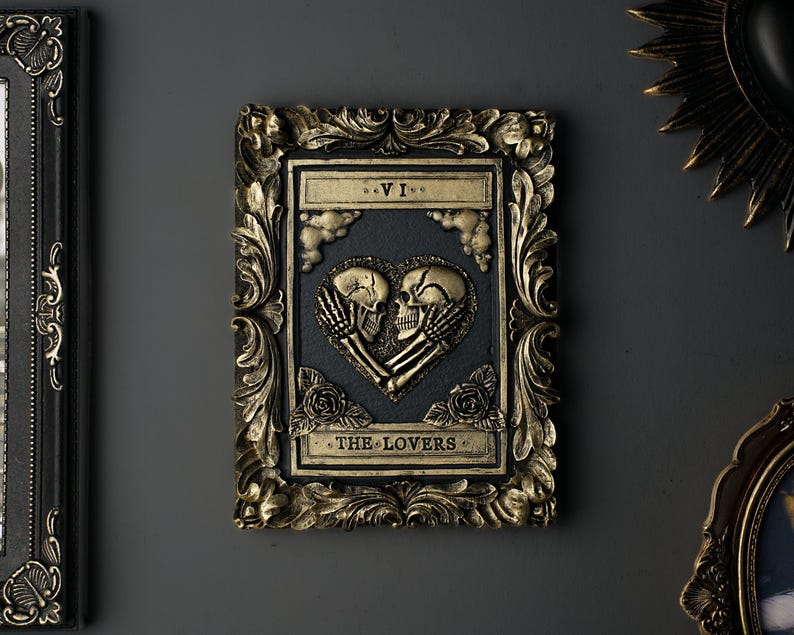 Handcrafted Lovers Tarot Card Wall Art - Black & Gold Gothic Home Decor immagine 9