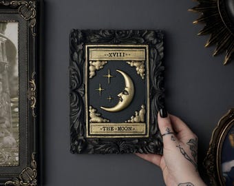 Moon Tarot Card Wall Art - Black & Gold Plaque - Gothic Home Decor - Vintage Crescent Moon