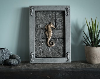 Handmade Seahorse Sculpture, Framed Nautical Wall Art