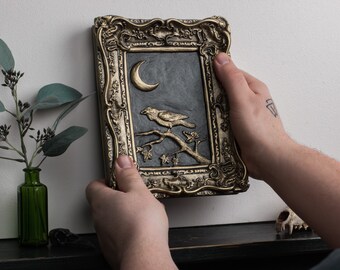 Raven wall décor original sculpture gothic home decor witchy crescent Moon black and gold handmade artwork.