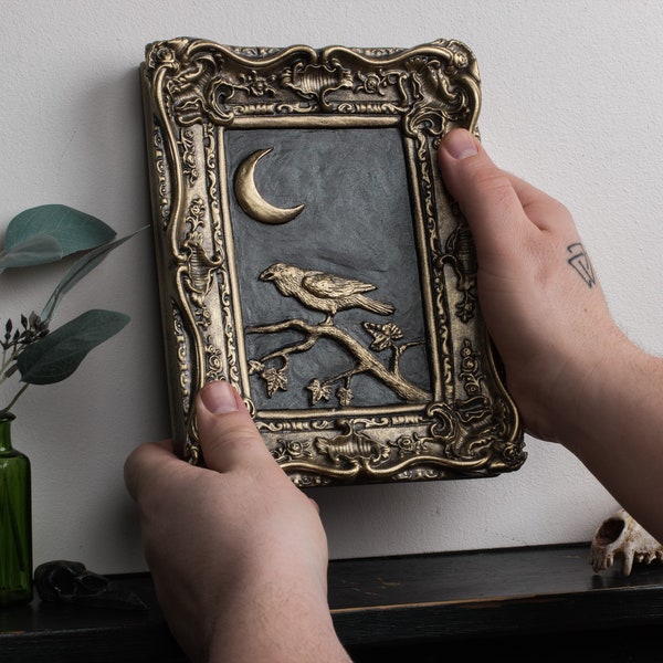 Raven wall décor original sculpture gothic home decor witchy crescent Moon black and gold handmade artwork.