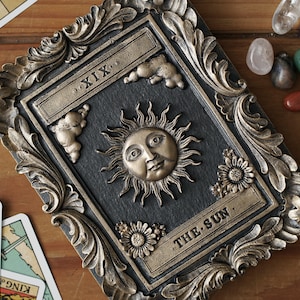 Carta dei tarocchi del sole arte murale decorazione gotica per la casa unica scultura decorativa in gesso incorniciata galleria parete regalo nero oro dipinto fatto a mano opera d'arte