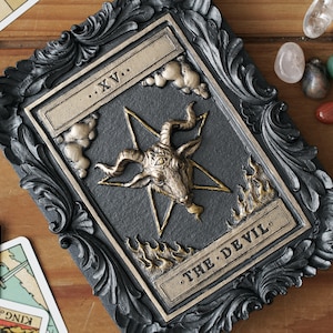 Teufel Tarot Karte Wand Kunst, Gothic Wohndekor, einzigartige dekorative gerahmte Satan Skulptur, Galerie Wand, Geschenk schwarz gold, original handgefertigte Luzifer