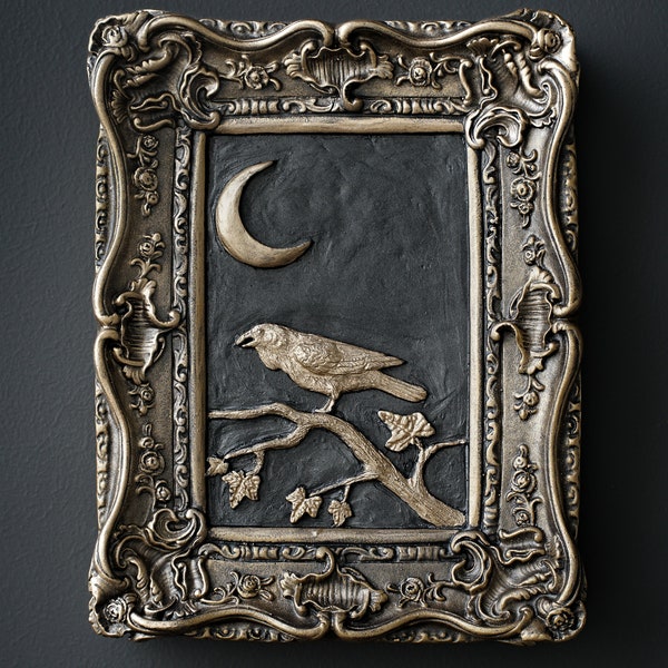 Raven wall art, Edgar Allan Poe sculpture, Gothic home decor, Witchy Gifts, Crescent Moon, Black Gold art, Unique artwork, Decorative Frame