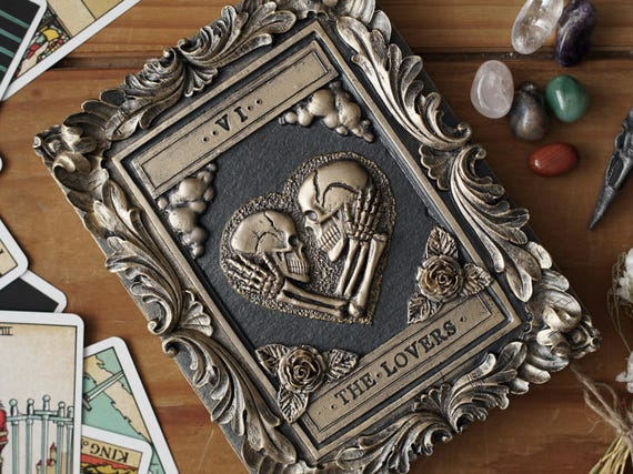 Handmade Lovers Tarot Card Plaque: Gothic Black & Gold Sculpture