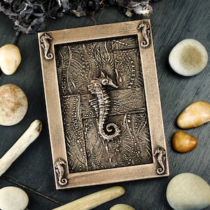 Seahorse wall art, bronze sculpture, nautical home decor, unique handmade gift.