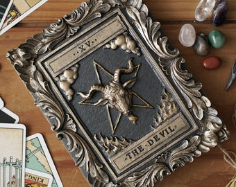 Teufel Tarot Karte Wandkunst: Gothic Satan Skulptur, Schwarz & Gold Dekor