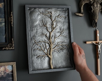 Tree wall art, Gothic home decor, Tree sculpture, Black & Gold painting, Tree of life, Unique artwork, Witchy gifts, Framed Spooky Picture.