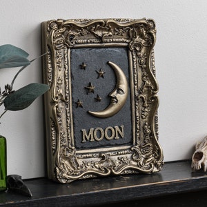 Crescent moon wall art tarot card sculpture witchy gothic home decor black gold unique  original artwork decorative frame gallery wall gifts