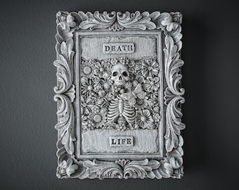 Macabre Skull Sculpture: Gothic Floral Skeleton Wall Art