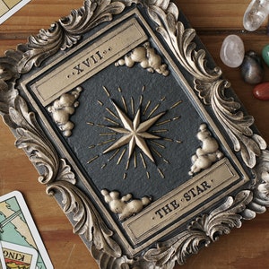 Ster tarotkaart kunst aan de muur gotisch interieur uniek decoratief ingelijst gipsen sculptuur galerie muur cadeau zwart goud handgemaakt schilderij kunstwerken