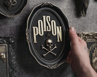 Poison wall art, Skull & Crossbones sculpture, Gothic home decor, Black Gold Hanging, Spooky Artwork, Macabre Picture, Witchy Gifts, Vintage