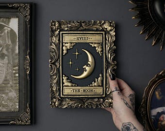 Moon Tarot Card Wall Art - Black & Gold Plaque - Gothic Home Decor - Vintage Crescent Moon