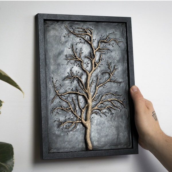 Tree art, gothic home decor, original sculpture, black & gold painting, tree of life, unique artwork, plaster  hanging, gallery wall ideas.