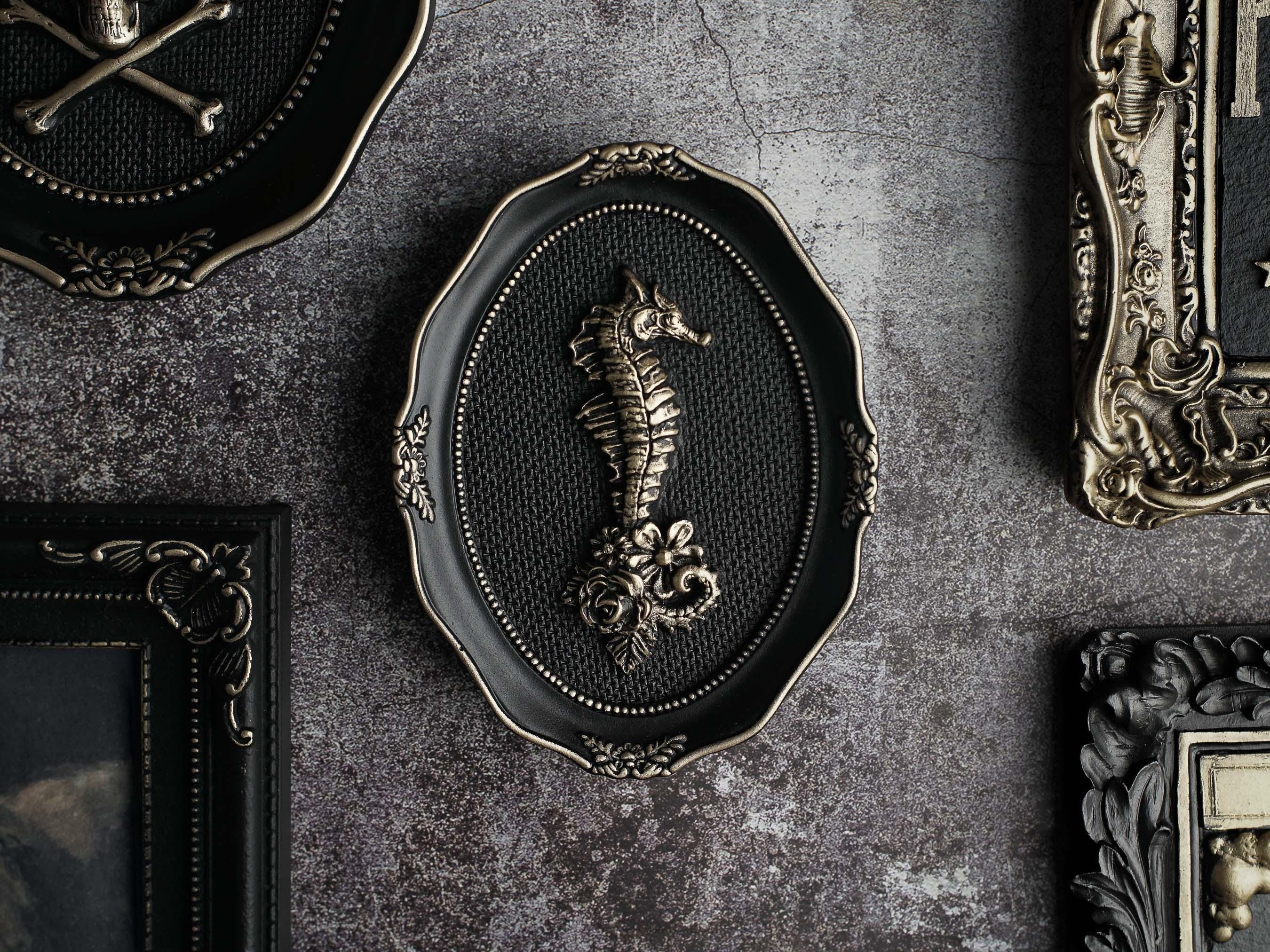 Gothic seahorse flowers wall art, Black and Gold sculpture, Gothic home decor, Witchy gifts, Oddities Curiosities, Victorian artwork, Dark.