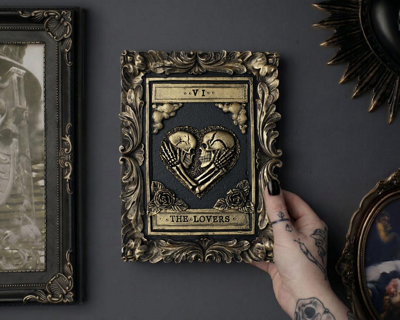 Handcrafted Lovers Tarot Card Wall Art - Black & Gold Gothic Home Decor immagine 1