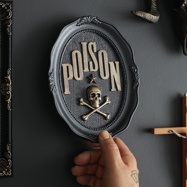 Poison wall art, Skull & Crossbones sculpture, Gothic home decor, Black Gold Hanging, Spooky Artwork, Macabre Picture, Witchy Gifts, Vintage