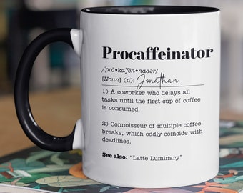 Funny Coworker Gift, Personalized Procaffeinator Mug, 15 oz Large Ceramic Coffee Cup for Work Bestie
