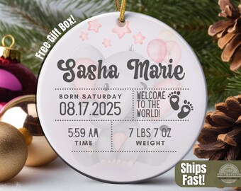 Personalized Baby Girl Birth Stats Ornament, First Christmas Girl Keepsake, Newborn Christmas Ornament, Pink Birthdate Ornament