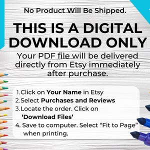 May include: A digital download graphic with the text "THIS IS A DIGITAL DOWNLOAD ONLY" in black text on a white background. The text "PDF" is in blue text on a blue arrow pointing down. The text "DIGITAL DOWNLOAD" is in blue text on a blue rectangle with rounded corners. The graphic also includes instructions on how to download the digital file.