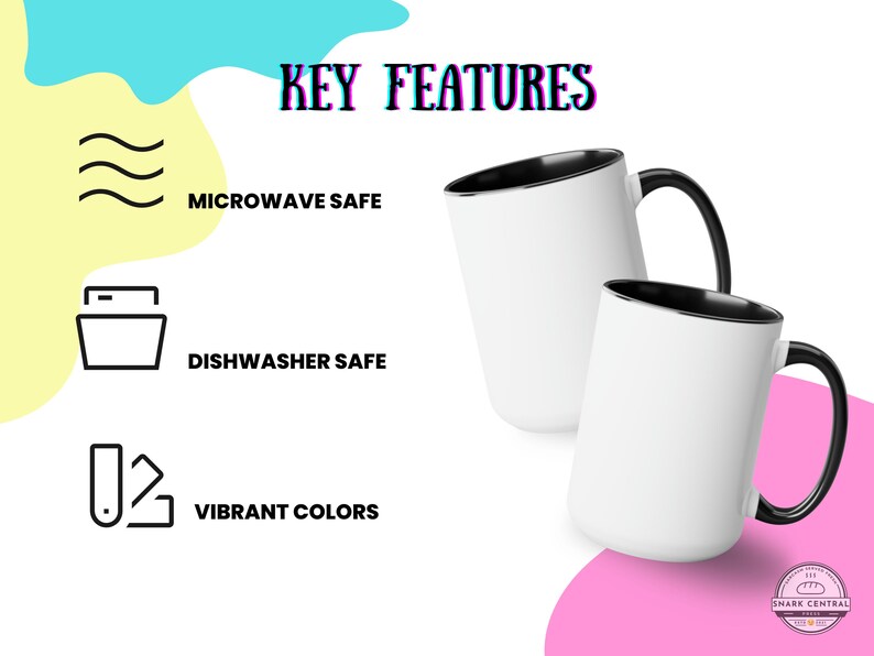 May include: Two white mugs with black handles and black interiors are displayed against a colorful background. The image highlights key features: microwave safe, dishwasher safe, and vibrant colors. The text "KEY FEATURES" is at the top.