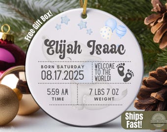 Personalized Baby Announcement Ornament, Custom Birth Stats Keepsake, Baby's First Christmas Boy Keepsake, Gifts Under 30