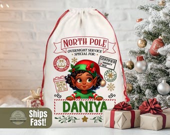 Black Girl Elf Santa Sack, Personalized Christmas Gift Bag for Grandchild, North Pole Delivery Present Bag w Kids Name