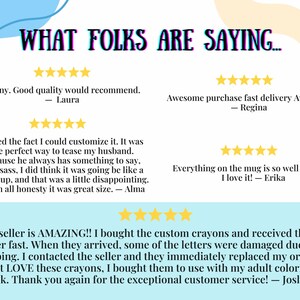 May include: A graphic with customer reviews and star ratings. The text reads "WHAT FOLKS ARE SAYING..." with positive comments about product quality, customization, and customer service. The reviews are from Laura, Regina, Alma, Erika, and Joslyn.