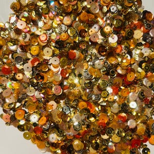 May include: A collection of loose, circular sequins in various shades of gold, orange, and copper. The sequins feature a mix of metallic, iridescent, and matte finishes, with some pieces displaying hexagonal shapes and small star-like cutouts throughout.