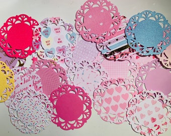 Set of 20 Paper Doilies/“Sweetheart’s Day Collection/Handmade Doilies/Handmade Embellishments/Scrapbooking/Junk Journaling