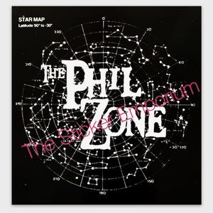 May include: A black and white star map with the text "The Phil Zone" in the center. The map shows the constellations of the northern hemisphere.
