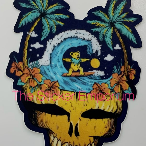 GD Surfing Bear Tiki Sticker ~ Water Bottle Laptop Tumbler Car Phish Hiking Camping Surfboard Decal