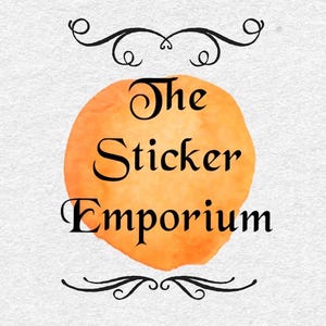 May include: The Sticker Emporium logo on a textured white background. The text is in black script over an orange watercolor circle. Decorative black flourishes are above and below the text.