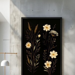 Wildblumen-Trio | Minimalistische botanische Digitale Wand Kunst Set - Schwarzer Hintergrund (Instant Download)