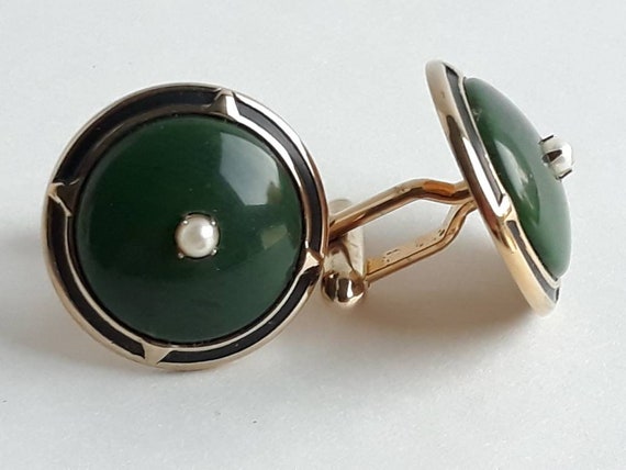 Vintage Mens Swank Jade Cabochon and Gold Cufflinks dr71