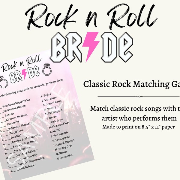 Rock and Roll Bridal Shower Classic Rock Themed Game - Custom Music Theme Printable for Group, Alternative Bride, Bride or Die, Bride Tour