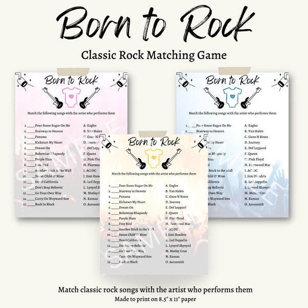 Born To Rock - Baby Shower Classic Rock Themed Game, Custom Music Theme Printable for Group