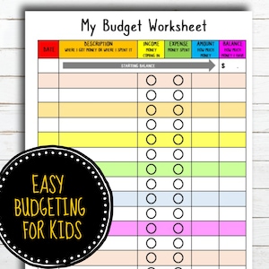 May include: A printable budget worksheet for kids with colorful rows and columns for tracking income, expenses, and balance. The worksheet includes headings for date, description, income money coming in, expense money spent, amount how much money, and balance how much money you have. The worksheet also includes a starting balance section.