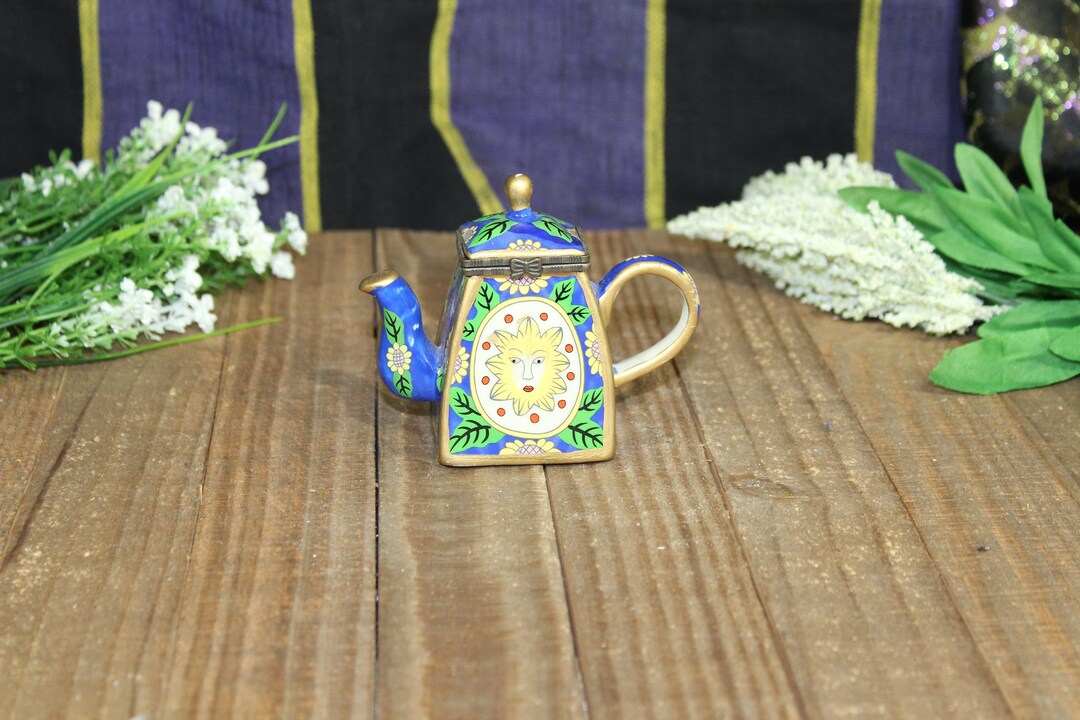 Ceramic Tiny Blue Tea Pot Yellow Sunshine Green Leaves 3.5in X 2in