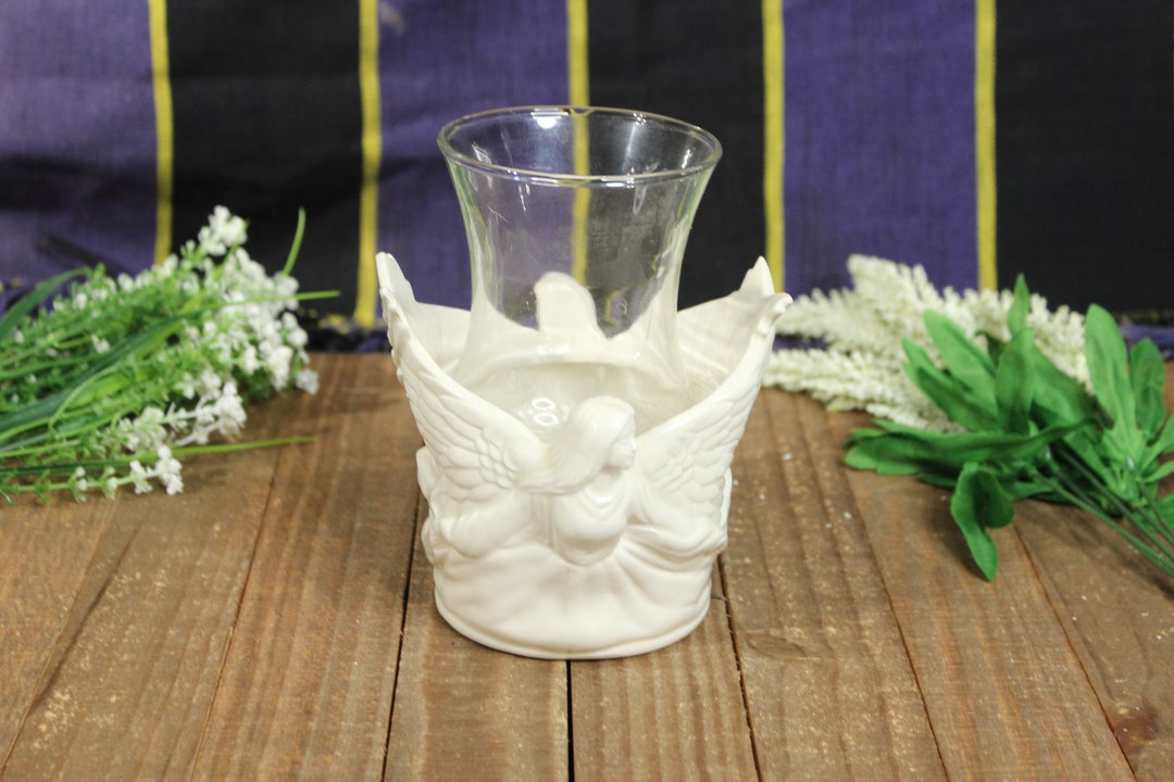 Ceramic White Angel Candle Holder With Clear Glass Lamp Shade Home
