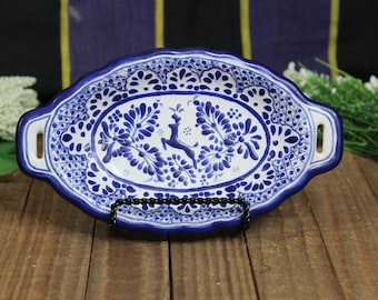 Talavera Porcelain Blue & White 8x5 Oval Handled Display Plate - Decorative Deer Centerpiece