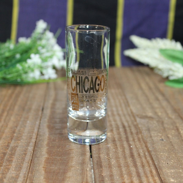 Vintage Clear Glass Gold Script Chicago 4in Shotglass Bar Barware LIving
