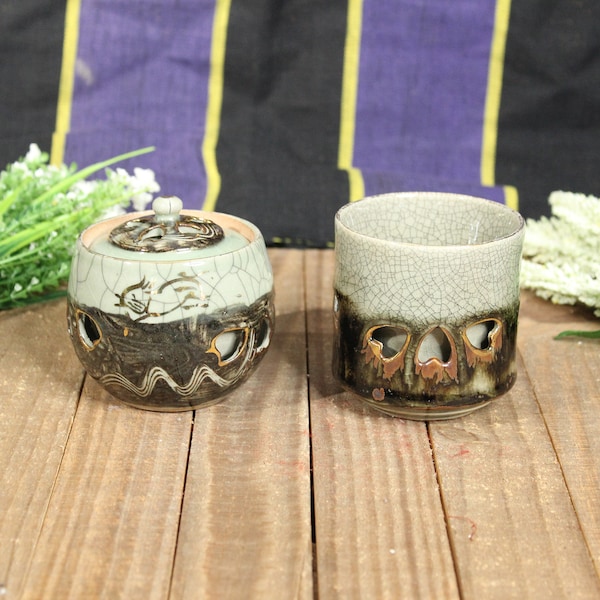 Vintage Japanese Ceramic Set: Green and Brown 3-Inch Sugar Container and Tea Cup - Elegant Tea Time Duo