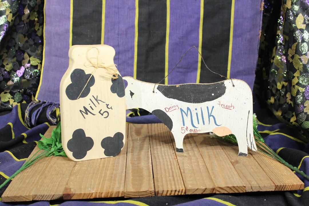 Rustic Wooden Cow Wall Art & Vintageinspired Milk Bottle With 'milk 5