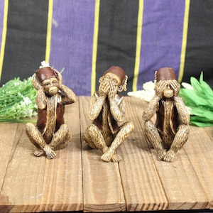 Moroccan Plastic Monkeys Hear No Evil See No Evil Speak No Evil Fez Hats and Vests Red Maroon Knick Knack Home Decor Living