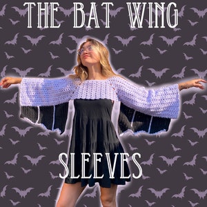 May include: A woman wearing a white and black crochet bat wing sleeves with a black dress. The sleeves are crocheted with a white and black yarn and have a bat wing shape. The background is a purple pattern of bats. The text "THE BAT WING SLEEVES" is at the top of the image. The text "@HighLevelBandanas www.highlevelbandanas.com" is at the bottom of the image.