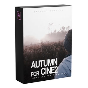 Puede incluir: Una caja de producto para un paquete de LUT de Premiere Pro llamado "Autumn for Cine2". La caja es negra con texto blanco y una foto de una persona en un campo con un fondo brumoso.