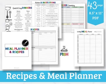 May include: A 43-page printable meal planner and recipe book with colourful covers. The planner includes sections for weekly meal planning, recipe ideas, kitchen substitutions, and a freezer inventory.