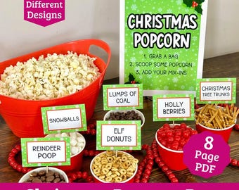 Christmas Popcorn Bar Signs - Christmas Snack Mix Printable Signs for Food Bar - Fun Party Food Idea!